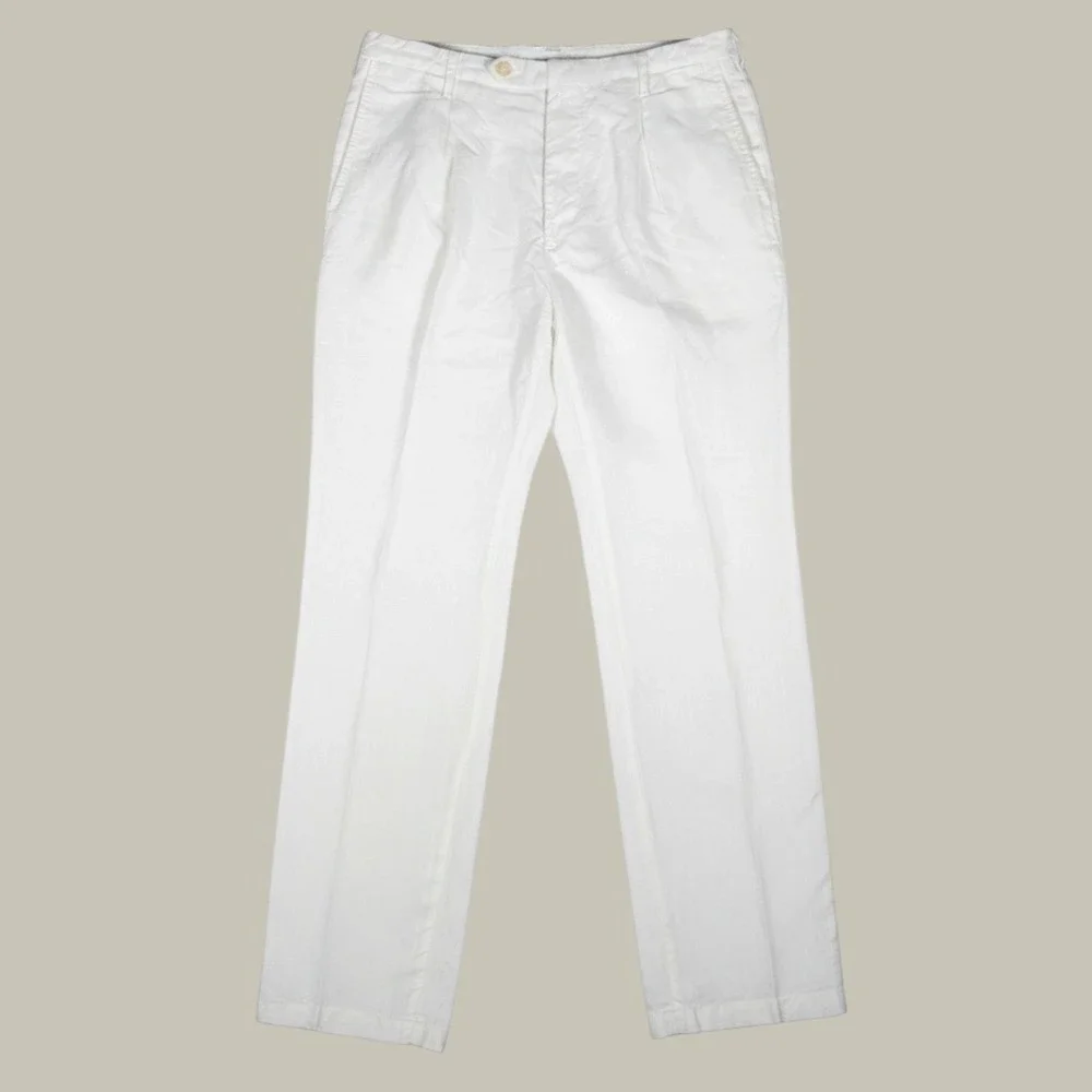 Battistoni Mens White 100% Pure Linen Pleated Trousers Made in Italy Size 32